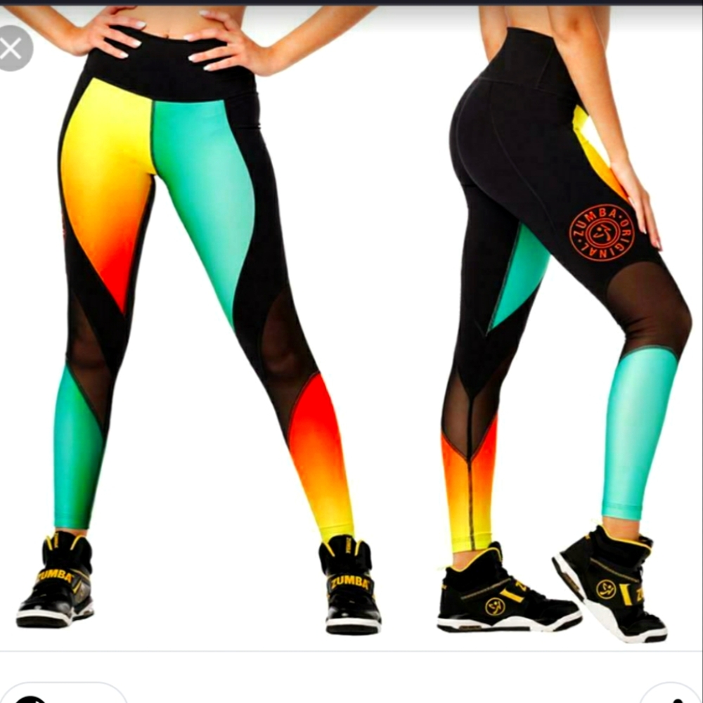 Zumba Surf High Waist Mesh Panel Ankle Leggings sz XS or Small Orange Green